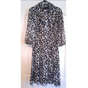 Eliza J Leopard Print Tie Neck Midi Dress Smocked Waist Sheer Overlay Sz 6
